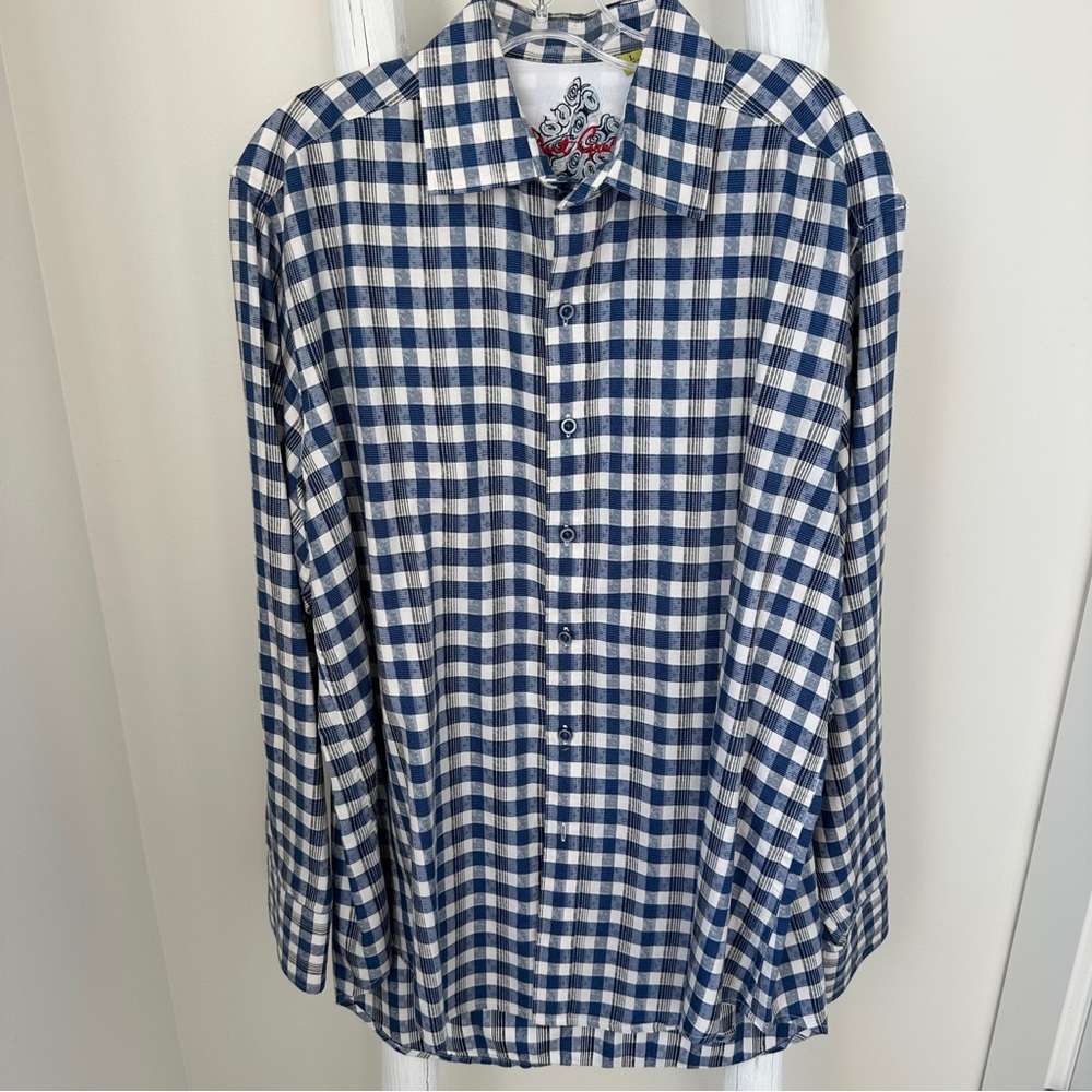 Robert Graham Navy and White Plaid Classic Fit Men's Shirt Size Large